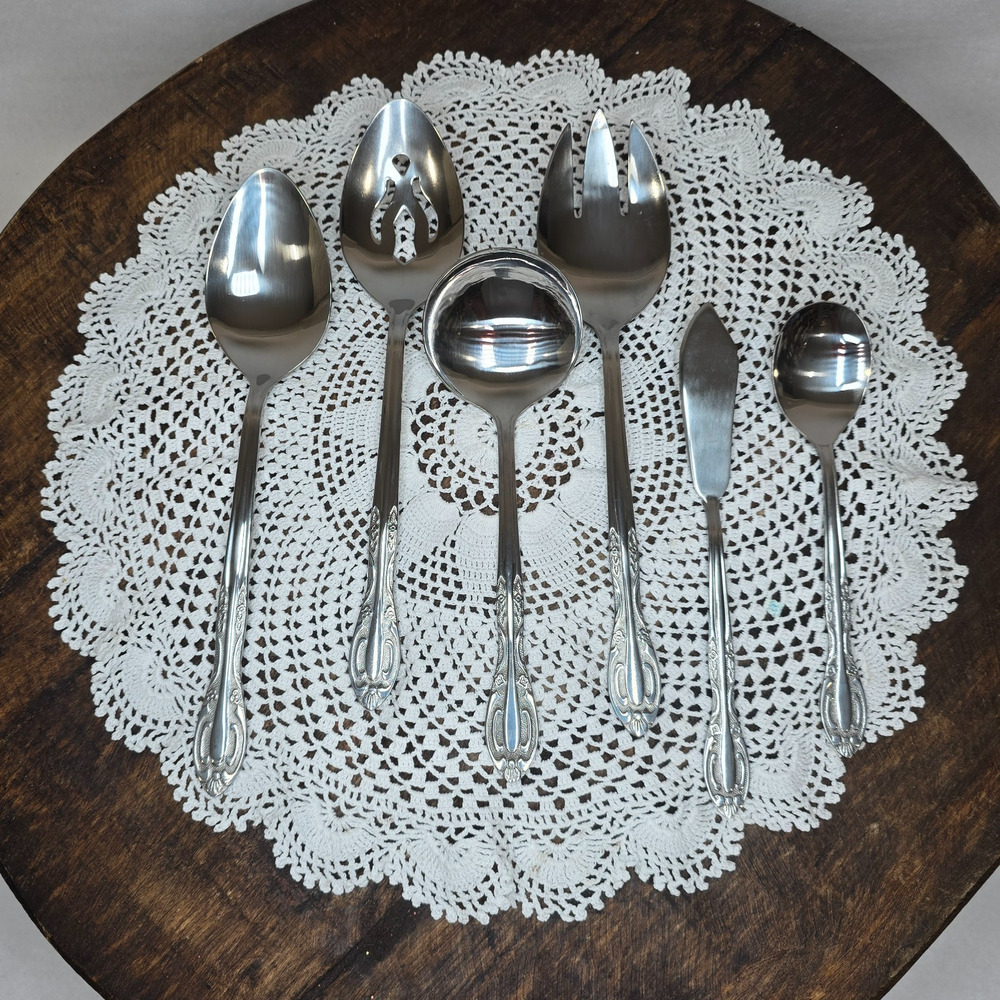 NOS Vintage Customcraft Stainless Steel 6 Pc Serving Utensil Set Floral
